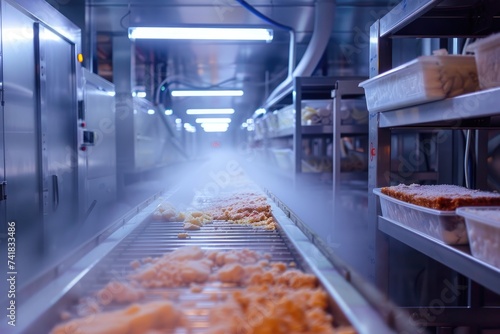 Frozen food processing line on conveyor belt photo
