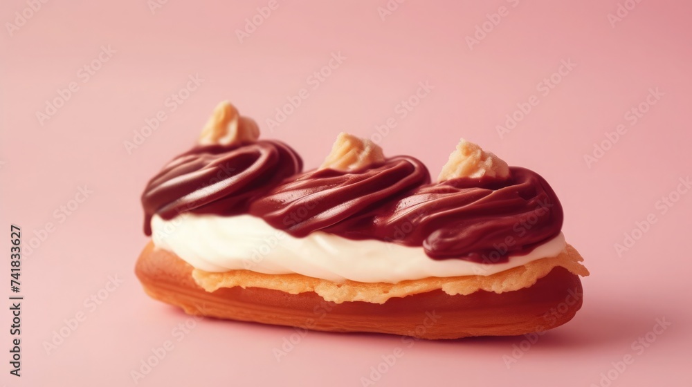 Tasty chocolate and nut topped éclair filled with cream on a soft pink background. Tasty chocolate and nut topped éclair filled with cream on a soft pink background.