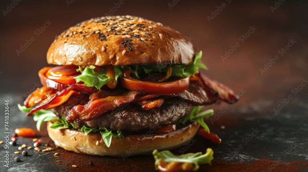 A delectable hamburger with sizzling bacon, ripe tomatoes, crispy lettuce and black sesame seeds on top A delectable hamburger with sizzling bacon, ripe tomatoes, crispy lettuce and black sesame seeds on top