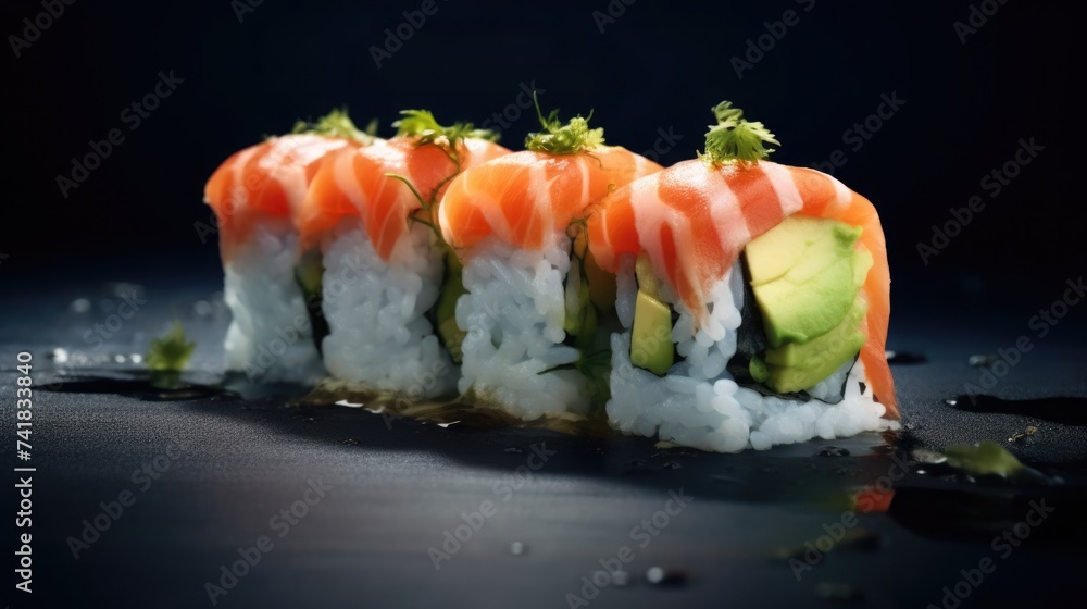 Fresh salmon sushi rolls on a dark background with a soft-focus foreground and a soy sauce spill Fresh salmon sushi rolls on a dark background with a soft-focus foreground and a soy sauce spill