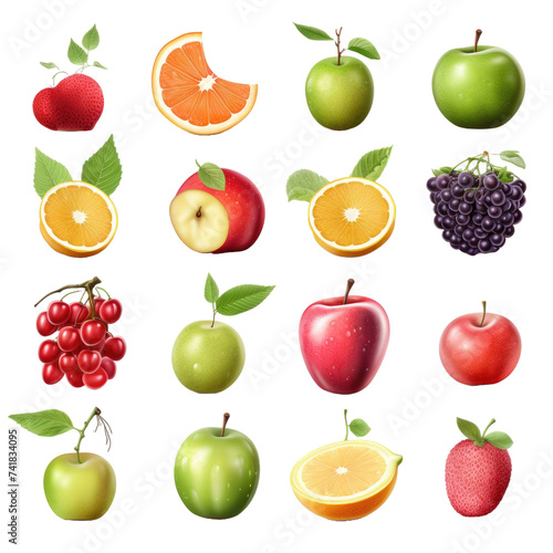 Set of different fruits isolated on a transparent background