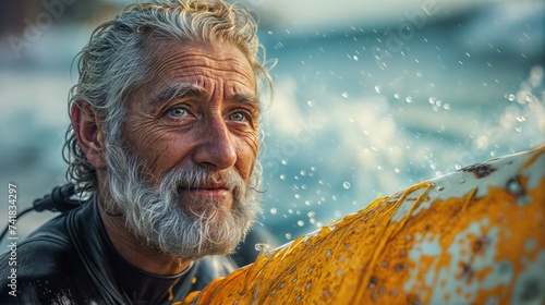 old and mature people having fun and enjoying their vacations outdoors at the beach wearing wetsuits and holding a surfboard to go surfing in the water with waves - active senior smiling and enjoy