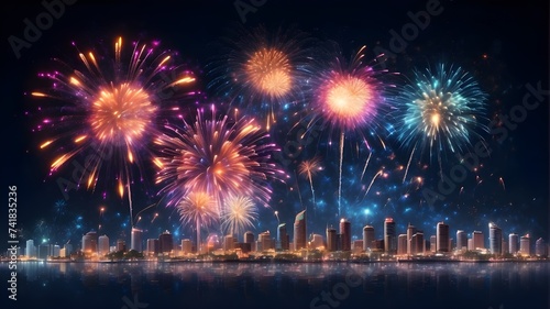 Festival fireworks show over the city at night, generated by artificial intelligence. Abstract colorful fireworks show over a starry night sky for holidays and celebrations Make a copy of the text spa