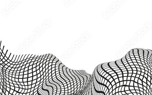 Illustration of a black fishing or football net.Checkered wavy background in doodle style.