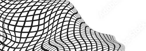 Illustration of a black fishing or football net.Checkered wavy background in doodle style.