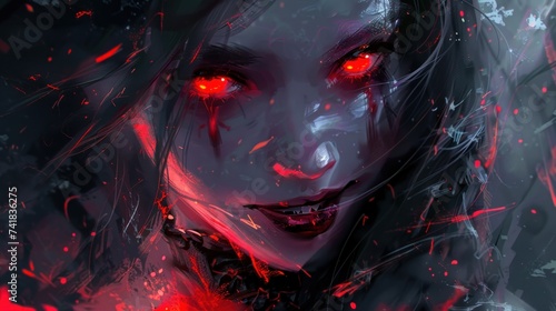 Evil girl face with red eyes and fanged smile AI generated image photo