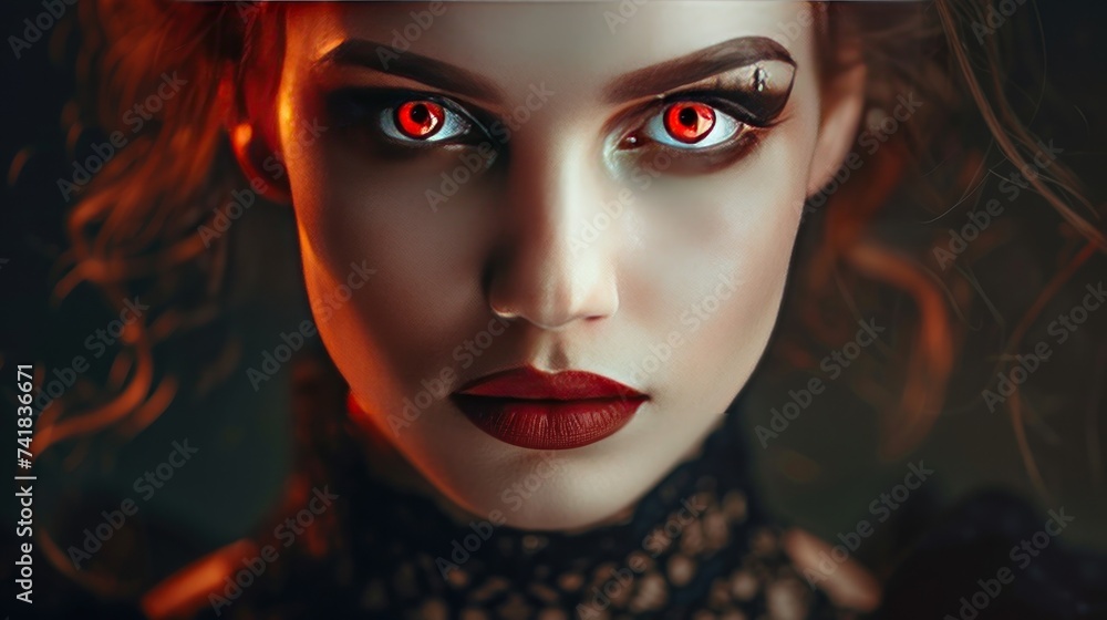 Beautiful vampire woman face with exotic red eyes AI generated image Beautiful vampire woman face with exotic red eyes AI generated image