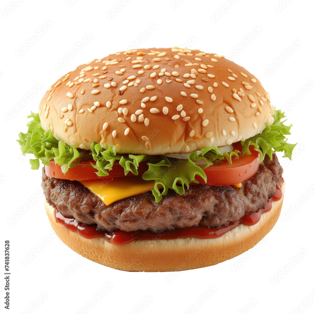 Beef and cheese hamburger isolated on white or transparent background. Burger close-up, side view. Design element for insertion into a fast food banner.