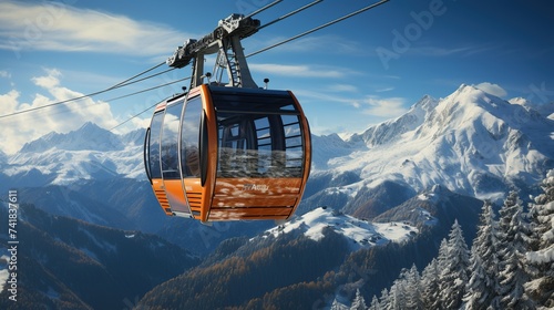 Close up orange big cabin ski lift gondola against snow covered mountain range in blue and orange tones photo