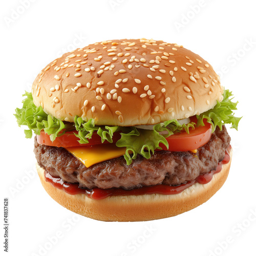 Beef and cheese hamburger isolated on white or transparent background. Burger close-up, side view. Design element for insertion into a fast food banner.