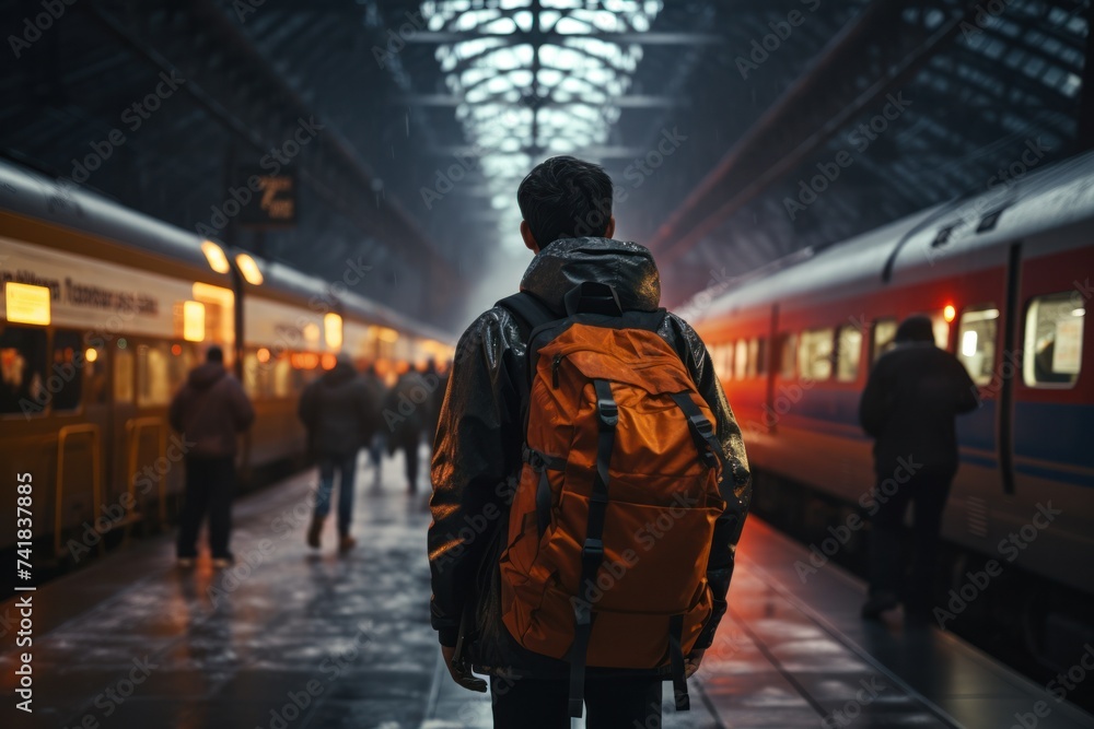 person walks through the night train station in a black backpack