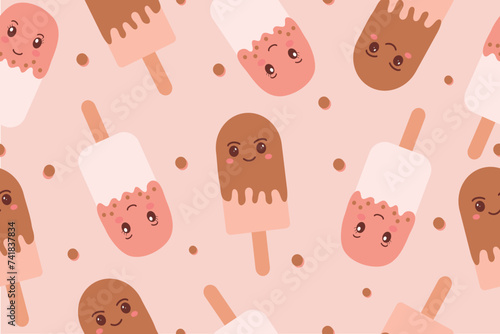 Seamless pattern of ice cream on a stick in kawaii style. Vector illustration on pink background