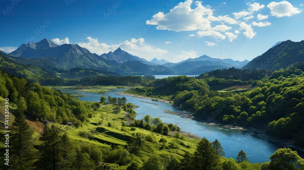 Outdoor nature adventure travel landscape with river lake forest and mountain. Green color scene view