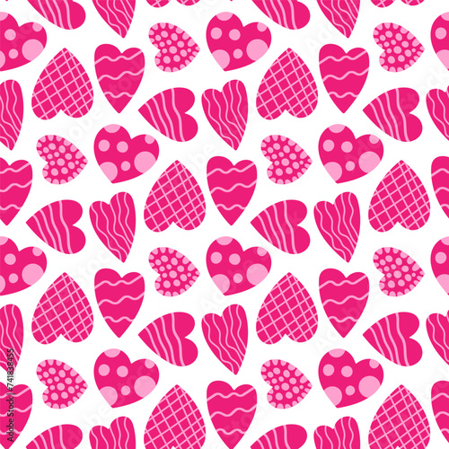 Small different decorative pink hearts isolated on a white background. Cute seamless pattern. Vector simple flat graphic hand drawn illustration. Texture. © far700
