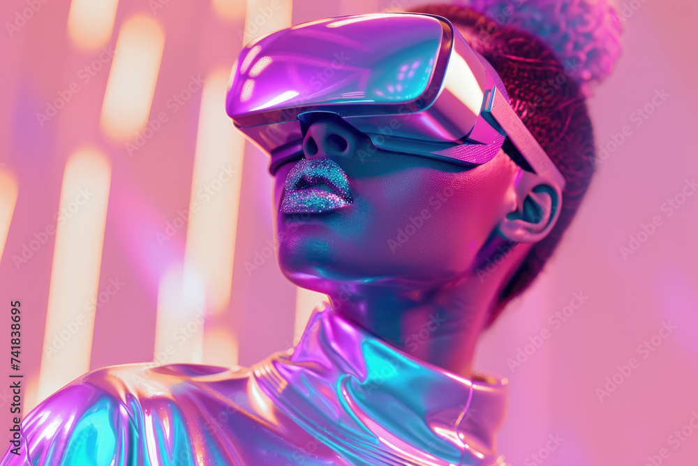 A woman's face is transformed into a living, magenta statue as she delves into a virtual reality world through her futuristic glasses, illuminating her surroundings with an ethereal light A woman's face is transformed into a living, magenta statue as she delves into a virtual reality world through her futuristic glasses, illuminating her surroundings with an ethereal light