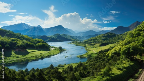 Outdoor nature adventure travel landscape with river lake forest and mountain. Green color scene view