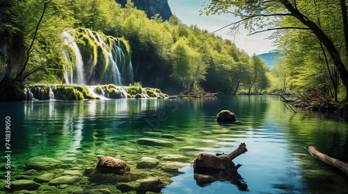 Beautiful morning in Plitvice National Park. Colorful spring landscape of green forest with pure water lake photo