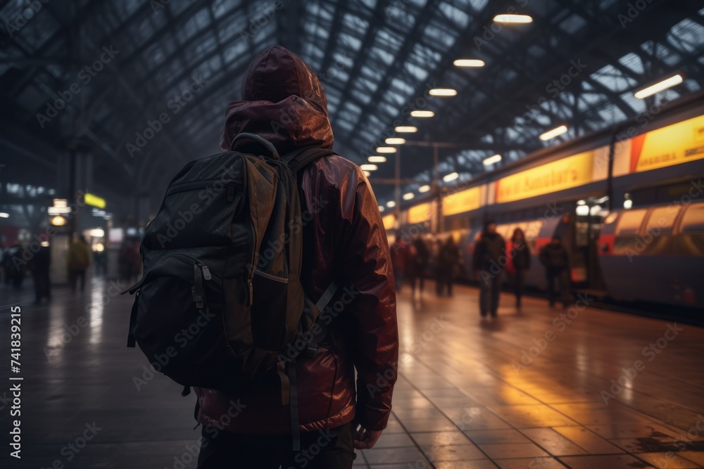 person walks through the night train station in a black backpack person walks through the night train station in a black backpack