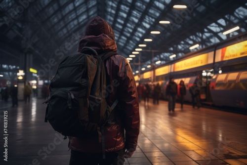 person walks through the night train station in a black backpack