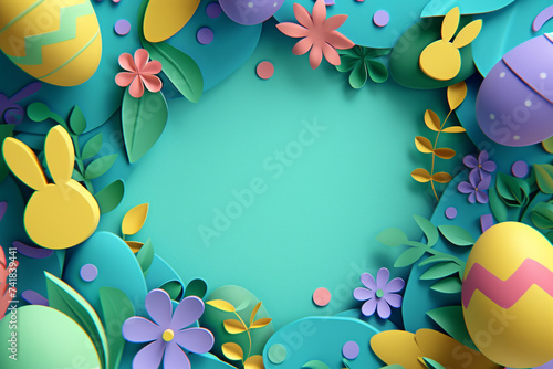 Paper cut Easter frame with white bunnies, colorful spring flowers on a blue background. Copy space. Happy Easter greeting card design.