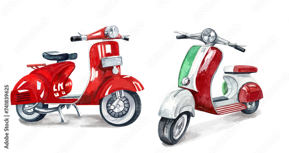 Two scooters, red scooter, scooter with Italian flag, watercolor illustration Two scooters, red scooter, scooter with Italian flag, watercolor illustration