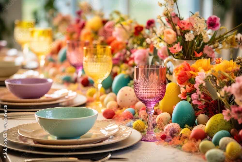 A stunning photo of a vibrant Easter table setting A stunning photo of a vibrant Easter table setting
