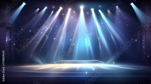 On a transparent scene, light beams have an effect vector. The award ceremony was illuminated by a stage lamp. Spot beams sparkle and shine, illuminating the music studio.