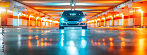 Blue Compact Car in Underground Parking with Vibrant Lighting photo
