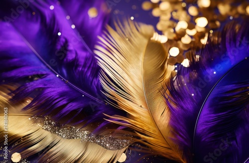 purple and gold feathers and gold gold confetti background
