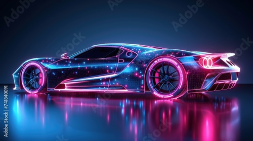 Unbranded sports car with neon light wireframe background. 3d Illustration © meta