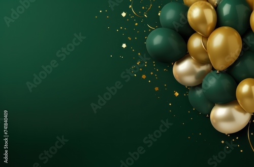 green background with green and gold balloons and confetti