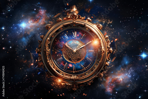 Gigantic Galactic Magical Clock on Abstract Black Background