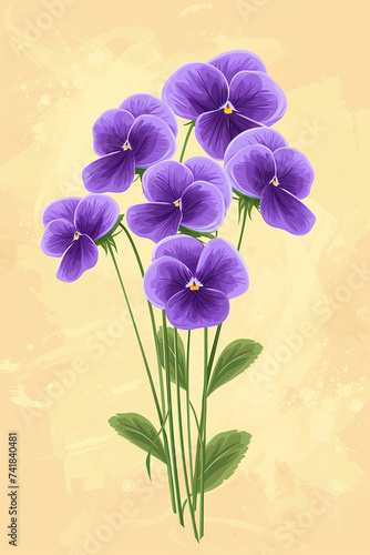 Violet pansy bouquet on a beige background. Vintage floral design for greeting card.
