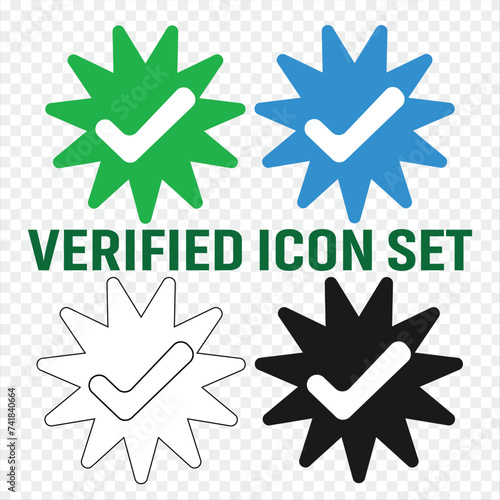 Set of social media verified icons. Tick in circle with zigzag. Instagram check in star. You tube approval sign. Internet top rank stamp. Mark of most popular profile in web. Vector illustration. 19 photo