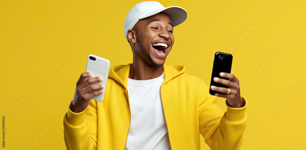 a black man holding up his cell phone black man on yellow background a black man holding up his cell phone black man on yellow background