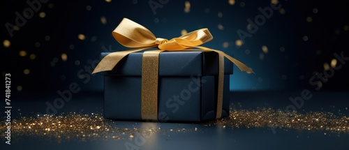 a blue gift box with a golden bow on top
