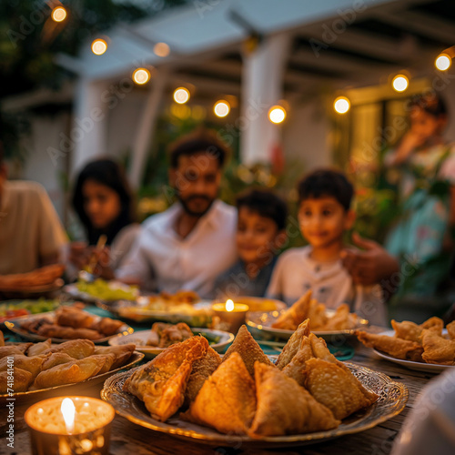 Happy arabic muslim family enjoying the food togther in ramadan photo