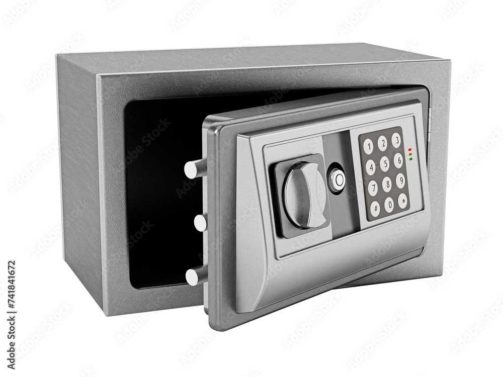 Steel safe with open door isolated on transparent background. 3D illustration Steel safe with open door isolated on transparent background. 3D illustration