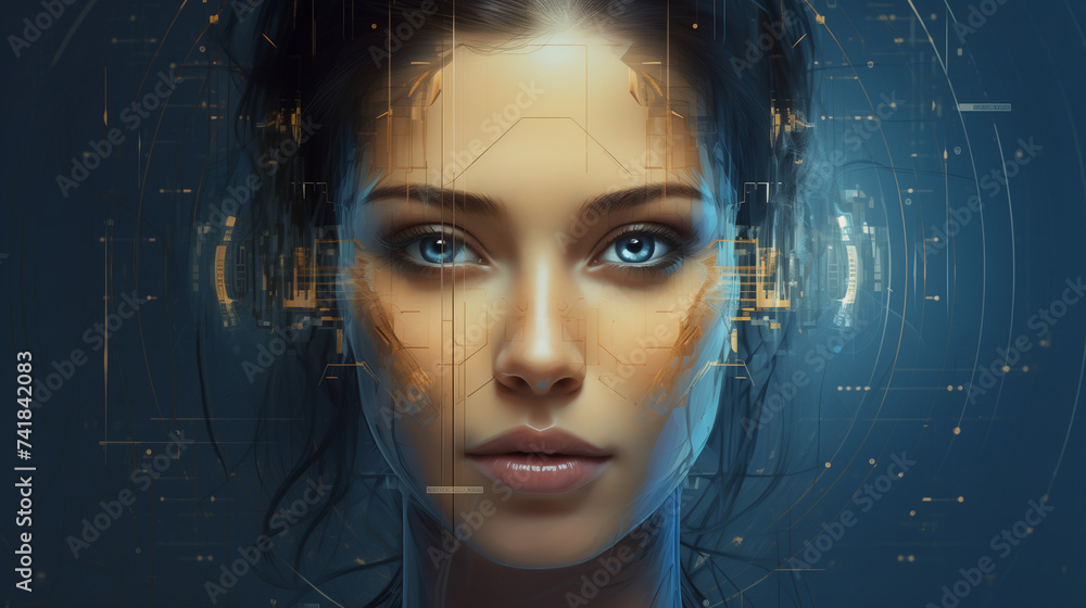 Golden ratio female, blueprint, face and abstract lines Golden ratio female, blueprint, face and abstract lines