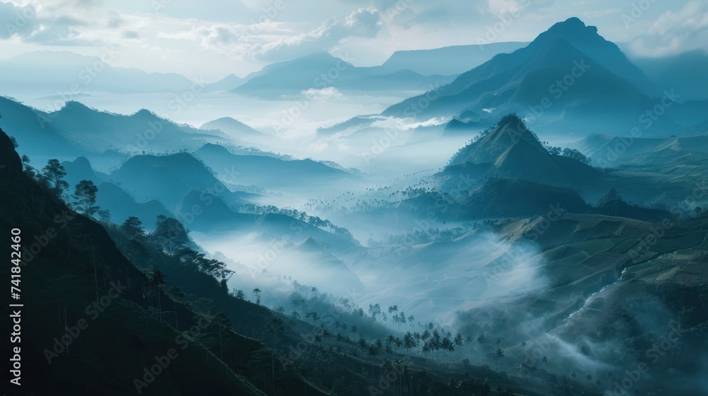 Mountain views with green nature in Indonesia, Indonesian nature wallpaper AI generated image - obrazy, fototapety, plakaty 