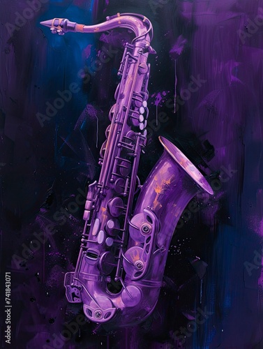 This is an artistic depiction of a saxophone with a glossy finish, showing various shades of purple from lilac to deep violet in the background. The saxophone itself, while detailed and realistic, fea photo