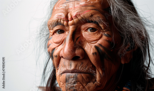 Close-up of an old indigenous man with tribal face paint. Concept of culture, education, promotion, cultural fusion, advocacy campaigns.  © ARIA