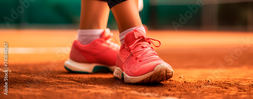 Close-up of a female tennis player's pink shoes on clay court photo