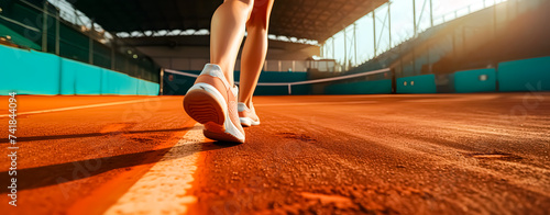 Close-up of a tennis woman's shoes walking on a clay court. Space for text