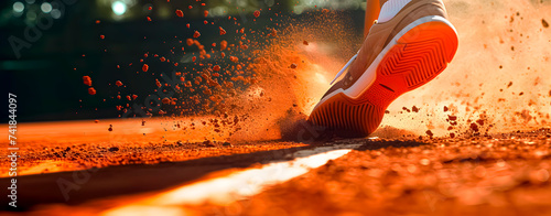 Close-up of a tennis player's shoes on clay court photo