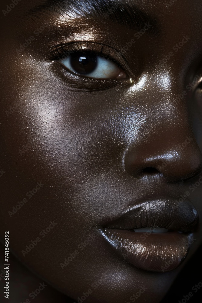 Close-up portrait of a beautiful African-American woman with golden makeup. A close-up beauty shot capturing intricate makeup details and flawless skin texture. 