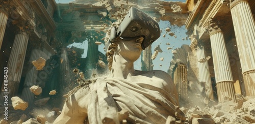 A classical sculpture of Atlas crashes to the ground, shattering into pixelated fragments. Emerging from the debris, a virtual reality headset floats above, portraying a futuristic cityscape.  photo