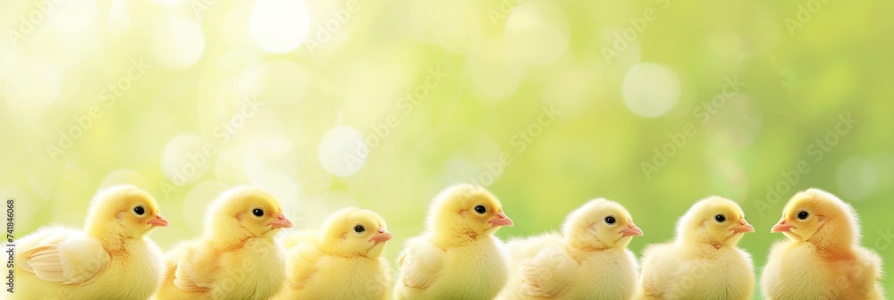 A row of adorable yellow chicks standing against a soft green background. Cute, vibrant, and perfect for springtime themes. Easter concept. Banner. A row of adorable yellow chicks standing against a soft green background. Cute, vibrant, and perfect for springtime themes. Easter concept. Banner.