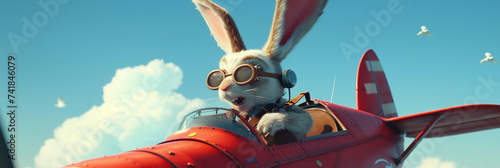 Animated rabbit piloting a red vintage airplane with excitement, fluffy ears blowing, clear blue sky. Easter concept. Banner