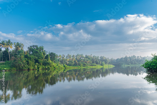 A beutiful scenery of landscape with river, sky in village in kerala, india